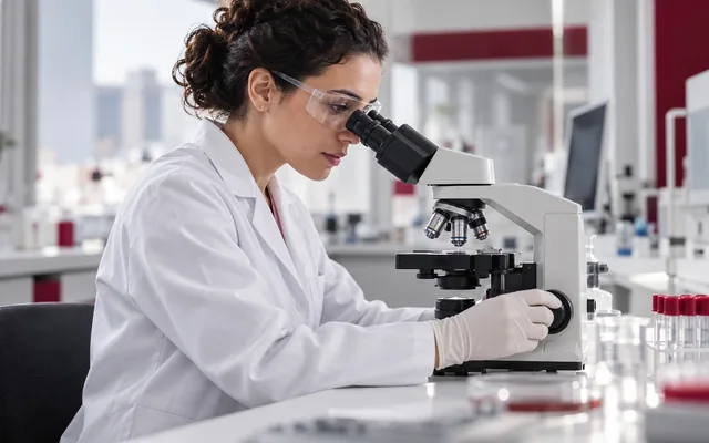 Profissional de laboratório analisando amostras no microscópio (imagem ilustrativa)
