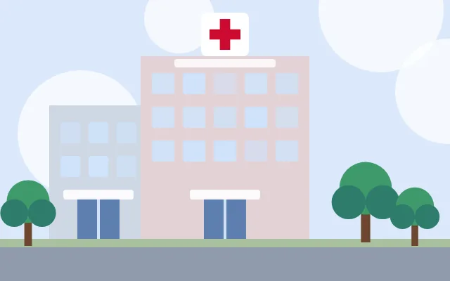 Ilustração de hospital com fachada rosada e janelas azuis