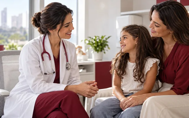 Pediatra conversando com criança acompanhada da mãe (imagem ilustrativa)