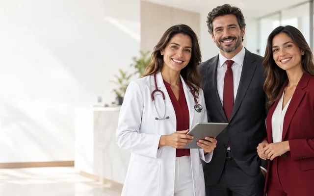 Médica e profissionais de empresa em ambiente corporativo (imagem ilustrativa)