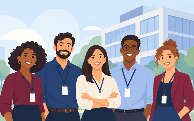 Grupo de cinco funcionários em frente a um prédio comercial