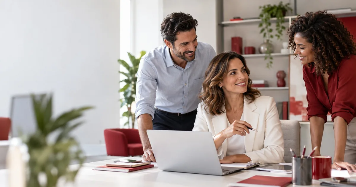 Equipe de uma empresa reunida em escritório moderno, conversando em volta de um notebook